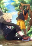  2boys :d ahoge backpack bag black_pants black_shirt blonde_hair capri_pants closed_mouth commentary_request dark-skinned_male dark_skin day gladion_(pokemon) green_eyes green_hair grey_eyes hair_over_one_eye hau_(pokemon) highres hood hood_down hooded_vest hoodie knees male_focus mocacoffee_1001 multiple_boys open_mouth orange_bag outdoors pants pokemon pokemon_(game) pokemon_sm red_footwear shirt shoes short_hair short_sleeves shorts signature smile teeth tongue torn_clothes torn_pants torn_shirt tree upper_teeth_only vest 