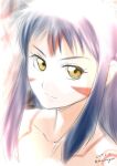  1girl bare_shoulders blue_hair bodypaint closed_mouth collarbone dated long_hair looking_at_viewer maira_gen neo_ranga shimabara_yuuhi smile solo tribal yellow_eyes 