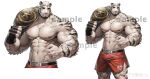  1boy abs absurdres animal_ears arknights bara beard biceps collage cropped_legs facial_hair feet_out_of_frame furry furry_male goatee highres large_belt large_pectorals looking_at_viewer male_focus mountain_(arknights) muscular muscular_male nipples pectorals red_shorts sample_watermark scar scar_across_eye scar_on_arm short_hair shorts side_slit stomach tengo_(maotengo) thick_eyebrows tiger_boy tiger_ears topless_male white_hair wrestling_outfit 