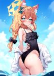  1girl animal_ears ass black_one-piece_swimsuit blue_archive blue_eyes blush bow braid cloud flower fox_ears hair_bow hair_flower hair_ornament highres looking_at_viewer mari_(blue_archive) mari_(swimsuit)_(blue_archive) one-piece_swimsuit orange_hair parted_lips pinki_o64 shirt sky solo swimsuit water water_drop white_shirt 