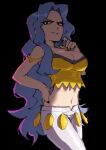 1girl absurdres bare_arms bare_shoulders black_background black_pants blue_eyes blue_hair breasts cleavage collarbone crop_top gingrjoke hand_on_own_hip highres karen_(pokemon) large_breasts light_blue_hair long_hair midriff pants parted_bangs pokemon pokemon_(game) pokemon_hgss shirt solo spaghetti_strap underlighting v-shaped_eyebrows wavy_hair white_pants yellow_shirt 