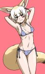  acesrulez animal_ears arms_behind_head bikini blonde_hair blue_bikini blush breasts brown_eyes covered_nipples extra_ears fennec_(kemono_friends) fox_ears fox_tail kemono_friends multicolored_hair navel short_hair side-tie_bikini_bottom small_breasts smile swimsuit tail white_hair 