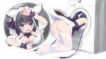  1girl animal_band animal_ears apron ass azur_lane blush breasts cheshire_(azur_lane) cleavage clothes_lift detached_sleeves dress dress_lift fake_animal_ears feet frilled_hairband frills garter_straps grey_hair hairband highres large_breasts long_ribbon looking_at_viewer maid maid_headdress multicolored_hair no_shoes open_mouth panties pantyhose puffy_detached_sleeves puffy_sleeves purple_apron ribbon short_hair smile soles streaked_hair thighhighs two-tone_hair underwear washing_machine white_panties white_pantyhose white_thighhighs xiao_shi_lullaby 
