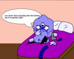  anthro bed_sheet bedding bedroom blue_blush blue_body blue_fur blush condom fan_character fluffy fungus fur hands_on_leg herm intersex intersex/male lube_bottle male mushroom nude pillow sexual_barrier_device shy solo 