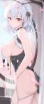  1girl ass azur_lane bare_arms bare_shoulders black_dress blurry braid breast_curtains breasts cherry_blossoms china_dress chinese_clothes closed_mouth cowboy_shot depth_of_field dress expressionless flower french_braid from_side garter_straps gnns hair_flower hair_ornament highres large_breasts looking_at_viewer looking_to_the_side no_panties official_alternate_costume pelvic_curtain petals red_eyes revealing_clothes short_dress short_hair side_cutout sideboob sirius_(azur_lane) sirius_(azure_horizons)_(azur_lane) sleeveless sleeveless_dress solo standing thighhighs thighs white_hair white_thighhighs 