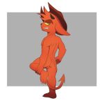  absurd_res anthro backsack balls butt clothing cowboy_hat demon eyebrows fur genitals gremile_&#039;hotshot&#039; grin hat headgear headwear hi_res horn imp kings_of_hell looking_back male nude red_body red_eyes red_fur short_stack smile solo spade_tail tail thick_eyebrows thunderlewd yellow_sclera 