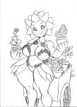  2022 absurd_res anthro big_breasts black_and_white bra breasts cart chochi cleavage clothed clothing dark_sclera elemental_creature female flora_fauna flower freckles graphite_(artwork) hi_res leaf_skirt looking_at_viewer midriff monochrome pencil_(artwork) plant plant_pot potted_plant sketch skimpy smile solo thick_thighs traditional_media_(artwork) underwear wide_hips 
