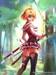  1girl ahoge belt black_thighhighs blonde_hair blue_eyes company_name day eyepatch fantasy forest frilled_skirt frills gensou_michiru holding holding_sword holding_weapon looking_back nature official_art outdoors seisen_cerberus sheath short_hair skirt standing sunlight sword thighhighs tree weapon 