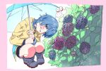  1girl blue_eyes blue_flower blue_hair blush boots border coat flower grin holding holding_umbrella hydrangea kantai_collection leaf long_sleeves looking_at_viewer minazuki_(kancolle) pink_border pink_flower purple_flower purple_umbrella rain raincoat shishanmo short_hair simple_background smile solo squatting teruterubouzu umbrella white_background yellow_coat 