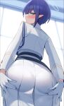  1girl aoi_(blue_archive) ass ass_focus ass_grab belt blue_archive blue_eyes blue_hair blush closed_mouth cropped_jacket from_behind gloves halo highres jacket long_sleeves looking_at_viewer looking_back mole mole_under_eye pointy_ears short_hair skirt solo standing ushimittsu white_gloves 