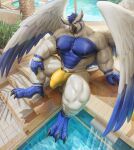  2021 abs anthro avian balls biceps bird blue_body blue_feathers blue_hair blue_talons bulge claws clothing day feathers finger_claws genitals hair hi_res male muscular_thighs nipples obliques outside owl palm_tree pecs penis plant pool quads solo sova speedo steps swimwear takahirosi talons toe_claws tree water white_body white_feathers wings yellow_sclera 