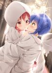  2girls ahoge blue_hair blush bride commentary_request dress from_side gochuumon_wa_usagi_desu_ka? hair_bun hand_on_another&#039;s_back hand_on_another&#039;s_chin hooded_kimono imminent_kiss indoors japanese_clothes jouga_maya kimono lens_flare long_sleeves looking_at_another mika_miche multiple_girls natsu_megumi parted_lips red_eyes red_hair shiromuku short_hair sidelocks uchikake wataboushi wavy_hair wedding_dress white_hood white_kimono wide_sleeves yellow_eyes yuri 