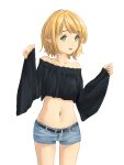  1girl belt black_belt blonde_hair blue_shorts breasts commentary_request cowboy_shot crop_top green_eyes highres medium_hair midriff navel off-shoulder_shirt off_shoulder original pointy_ears shin_(shincrz) shirt short_shorts shorts sleeves_past_wrists small_breasts solo wide_sleeves 
