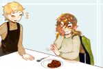  2boys ^^^ apron atou_haruki bamtoast black_apron blonde_hair brown_hair brown_sweater closed_eyes commentary_request crying curry curry_rice father_and_son food green_sweater harada_minoru highres korean_commentary long_hair long_sleeves male_focus multiple_boys ribbed_sweater rice saibou_shinkyoku scar scar_on_face scar_on_forehead scar_on_hand short_hair sweat sweater turtleneck turtleneck_sweater 