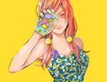  1girl blue_nails breasts closed_mouth collarbone commentary_request hair_bobbles hair_ornament hirose_yasuho holding jojo_no_kimyou_na_bouken jojolion long_hair looking_at_viewer medium_breasts mizudama pink_eyes pink_hair simple_background smile solo yellow_background 