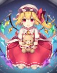  1girl absurdres blonde_hair blush fang flandre_scarlet hat highres holding holding_stuffed_toy looking_at_viewer mob_cap open_mouth puffy_short_sleeves puffy_sleeves red_eyes ruhika seiza short_hair short_ponytail short_sleeves side_ponytail sitting smile solo stuffed_animal stuffed_toy teddy_bear touhou wings 