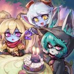  3girls :d animal_ears armor birthday_cake black_hoodie breastplate cake candle d: ears_through_headwear fang food goggles goggles_on_head green_hair grey_hair hair_between_eyes hood hood_up hoodie league_of_legends long_hair multiple_girls phantom_ix_row pink_eyes pointy_ears poppy_(league_of_legends) red_scarf scarf short_hair shoulder_plates smile table tongue tristana twintails vex_(league_of_legends) yellow_eyes yordle 