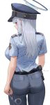  1girl absurdres ass black_pants blue_archive blue_headwear blue_shirt blush breasts closed_mouth cowboy_shot cuffs dubeaduver from_behind grey_hair halo hat highres large_breasts long_hair mechanical_halo noa_(blue_archive) pants police police_uniform policewoman purple_eyes shackles shirt short_sleeves simple_background smile solo twitter_username uniform white_background 