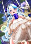  +_+ 1girl akimoto8 animal_ears blue_eyes blue_hair blue_horns blurry blurry_background blush breasts commission cow_tail cup hair_ornament hairclip holding horns huge_breasts indie_virtual_youtuber long_hair miilkywayz mole mole_under_eye mole_under_mouth mug night night_sky skeb_commission sky solo tail thighhighs virtual_youtuber 