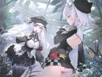  2girls aqua_eyes ass azur_lane bird black_gloves black_headwear black_pantyhose breasts conservatory dress elbe_(azur_lane) frills gloves grass hat highres index_finger_raised jade_(azur_lane) large_breasts long_hair long_sleeves looking_at_viewer mole mole_under_eye multicolored_hair multiple_girls official_art panties pantyhose peaked_cap purple_eyes sailor_collar sapysha short_hair tree underwear very_long_hair white_gloves 