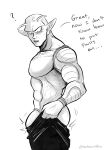  abs antennae_(anatomy) blush bodily_fluids bottomwear butt clothing dragon_ball dressing_up genitals hi_res humanoid humanoid_pointy_ears loulouscribbles male meme muscular namekian pants pecs penis piccolo question_mark solo sweat sweatdrop vein 