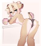  anthro antlers bent_over beverage blonde_hair breasts butt clothed clothing crayon_(artist) deer eyelashes female fur hair hi_res horn looking_back mammal mug narrowed_eyes nipples office_deer_(crayon) panties panties_only rear_view solo steam tan_body tan_fur topless underwear underwear_only 