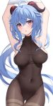  1girl ahoge arms_up bare_shoulders blue_hair blush bodystocking bound bound_arms breasts covered_navel ganyu_(genshin_impact) genshin_impact goat_horns highres horns leotard leotard_under_clothes long_hair looking_at_viewer medium_breasts nyuu_(pixiv12143565) purple_eyes sideboob sidelocks solo thighlet thighs white_background 