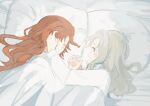  2girls bed bed_sheet blue_eyes blush braid closed_eyes closed_mouth english_commentary grey_hair hand_in_another&#039;s_hair highres holding_hands long_hair long_sleeves matilda_bouanich multiple_girls nelizx on_bed orange_hair pillow reverse:1999 shirt side_braid sonetto_(reverse:1999) under_covers white_shirt 