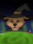  anthro brown_body brown_fur candle candlelight canid canine canis cauldron clothing female fleshslinky fur green_eyes green_liquid hat headgear headwear hi_res light looking_at_viewer mammal nicole_(fleshslinky) night solo star witch_costume witch_hat wolf 