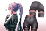  1girl aeri_(closers) aeri_shadow_agent_(closers) black_pantyhose breasts closers covered_navel cropped_legs fingerless_gloves gloves gradient_background grey_eyes heart highres junu_(jwoo5627) large_breasts long_hair long_sleeves multiple_views pantyhose ponytail purple_hair shorts simple_background smile solo speech_bubble spoken_heart standing teeth 
