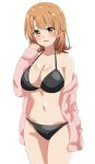  1girl bikini black_bikini blush breasts brown_hair cleavage commentary_request cowboy_shot dars_(recolors) highres isshiki_iroha jacket large_breasts long_sleeves looking_at_viewer medium_hair navel pink_jacket simple_background smile solo standing swimsuit white_background yahari_ore_no_seishun_lovecome_wa_machigatteiru. yellow_eyes 