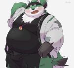  2023 anthro belly big_belly black_nose blush canid canine canis clothed clothing domestic_dog eyes_closed green_body hi_res humanoid_hands kemono male mammal overweight overweight_male shinosuke solo tamacolle uokkom 