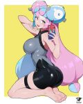  1girl aqua_hair ass asymmetrical_bangs bare_shoulders barefoot blue_nails blunt_ends bodysuit braid breasts character_hair_ornament feet hair_ornament holding holding_phone iono_(pokemon) kaos_art large_breasts legs leotard long_hair multicolored_clothes multicolored_hair open_mouth phone pokemon pokemon_(game) pokemon_sv rotom rotom_phone sharp_teeth sitting soles solo split-color_hair teeth thigh_strap thighs toes two-tone_hair upper_teeth_only very_long_hair wariza 
