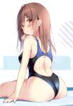  1girl absurdres ahoge ass back back_cutout black_one-piece_swimsuit blue_one-piece_swimsuit blush breasts brown_eyes brown_hair clothing_cutout competition_swimsuit from_behind hair_between_eyes highres kokoa-chan_(pan_(mimi)) looking_at_viewer looking_back medium_breasts one-piece_swimsuit original pan_(mimi) parted_lips sidelocks sitting solo swimsuit two-tone_swimsuit wet 