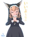  1girl animal_ears black_hair blue_eyes caracal_(kemono_friends) cat_ears cat_girl extra_ears highres kemono_friends kemono_friends_v_project long_hair looking_at_viewer microphone multicolored_hair nokemono-san_(bocchi_friend) nun orange_hair simple_background solo traditional_nun translation_request two-tone_hair virtual_youtuber 