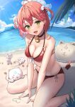  1girl absurdres ahoge beach bell bikini collar green_eyes hair_ornament highres hololive neck_bell pink_hair red_bikini sakura_miko shiotsuke_sasami side-tie_bikini_bottom sitting string_bikini swimsuit two_side_up virtual_youtuber wariza 