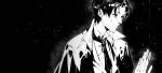 0000-111-0100-0 1boy bangs black_hair chinese_commentary coat commentary_request dark hand_up highres jacket klein_moretti looking_down lord_of_the_mysteries monochrome necktie outdoors rain shirt short_hair solo wet wet_clothes wet_hair 
