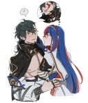 1boy 1girl ? alear_(female)_(fire_emblem) alear_(fire_emblem) blush cape closed_mouth fire_emblem fire_emblem_engage gloves green_hair gregory_(fire_emblem) griss_(fire_emblem) hair_between_eyes highres hug jewelry long_hair long_sleeves looking_at_another multicolored_hair open_mouth oratoza red_eyes ring short_hair skirt tiara two-tone_hair very_long_hair white_background 