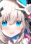  1girl animal_ear_headphones animal_ears blonde_hair blue_eyes bow camisole commentary_request fake_animal_ears hair_between_eyes hair_ornament hairclip headphones indie_virtual_youtuber jacket long_hair looking_at_viewer signature solo uchuuneko uchuuneko_(vtuber) upper_body virtual_youtuber white_bow white_camisole x_hair_ornament 