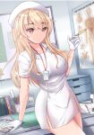  1girl blonde_hair breasts diagram drawer electrical_outlet english_commentary gloves hat highres holding id_card infirmary lab_coat line4x long_hair nurse nurse_cap poster_(object) red_eyes sakura-sou_no_pet_na_kanojo shiina_mashiro solo syringe table white_gloves 
