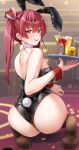  1girl absurdres alcohol animal_ears ass back bare_shoulders black_leotard blurry blurry_background blush bow bowtie breasts coin commentary_request cup detached_collar drink drinking_glass fake_animal_ears fake_tail feet food from_behind fruit gold_coin hair_between_eyes heterochromia highres holding holding_coin holding_tray hololive houshou_marine iroha_(unyun) large_breasts leotard light_particles long_hair looking_at_viewer looking_back median_furrow no_shoes open_mouth playboy_bunny rabbit_ears rabbit_tail red_bow red_bowtie red_eyes red_hair smile soles solo strapless strapless_leotard tail toes tray twintails virtual_youtuber wrist_cuffs yellow_eyes 
