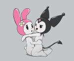  2023 after_kiss anthro black_hood blush bodily_fluids cotton_tail duo e254e embrace female female/female flat_chested half-closed_eyes hi_res hood kissing kuromi lagomorph leporid looking_at_viewer mammal mostly_nude my_melody narrowed_eyes onegai_my_melody pink_hood rabbit saliva saliva_string sanrio simple_background simple_eyes spade_tail tail 