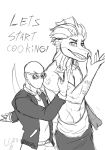  2023 anthro athletic athletic_anthro athletic_male bald biceps black_and_white claws clothed clothing damien_(iwhtg) dated dialogue dilophosaurid dilophosaurus dinosaur duo english_text eyewear finger_claws fingers frill_(anatomy) hair hi_res human i_wani_hug_that_gator inco_(iwhtg) jacket looking_at_viewer male mammal monochrome pecs reptile scalie sharp_teeth short_hair signature smile snout sunglasses teeth text theropod topless topless_anthro topless_male topwear unknown_artist unknown_artist_signature 