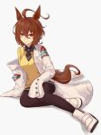  1girl agnes_tachyon_(umamusume) ahoge animal_ears black_pantyhose black_shirt breasts brown_hair closed_mouth coat collared_shirt commentary_request hair_between_eyes horse_ears horse_girl horse_tail lab_coat looking_at_viewer medium_breasts open_clothes open_coat pantyhose peperoncino-sama red_eyes shirt short_hair simple_background sitting sleeves_past_fingers sleeves_past_wrists smile solo sweater_vest tail umamusume very_long_sleeves white_background white_coat white_footwear yellow_sweater_vest yokozuwari 