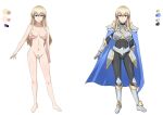  1girl armor barefoot blonde_hair blue_cape breasts cape closed_mouth collarbone commentary completely_nude fantasy female_pubic_hair full_body hall_onon highres knight large_breasts long_bangs long_hair looking_at_viewer navel nipples no_pussy nude original pubic_hair reference_sheet saria_(hall_onon) solo 