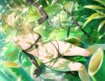  1girl absurdres arm_support bamboo bandeau black_bandeau black_gloves black_panties blonde_hair blush breasts breasts_apart closed_mouth commentary_request dappled_sunlight dutch_angle elbow_gloves feet_out_of_frame gloves grass groin highres holding holding_sword holding_weapon hololive kazama_iroha kuroi_suna looking_at_viewer multi-strapped_panties navel outdoors panties ponytail rock sitting small_breasts solo sunlight sword sword_behind_back underwear underwear_only virtual_youtuber weapon 