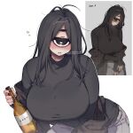 1girl ahoge artist_name artist_self-reference bags_under_eyes beer_bottle black_eyes black_hair black_nails blush bottle breasts closed_mouth cyclops dated english_text grey_background heart heart-shaped_pupils highres holding holding_bottle huge_breasts jitome leaning_forward long_hair long_sleeves looking_at_viewer multiple_views muroku_(aimichiyo0526) one-eyed original outline pants parted_lips simple_background sleeves_past_wrists symbol-shaped_pupils thick_eyebrows twitter_username upper_body white_background white_outline 