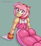  accessory amy_rose anthro bottomwear breasts butt clothing eulipotyphlan female gloves green_eyes hair_accessory hairband handwear hedgehog hi_res looking_at_viewer looking_back looking_back_at_viewer mammal pants sega shirt signature simple_background smile solo sonic_the_hedgehog_(series) tank_top topwear triggerpigart 
