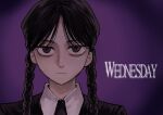  1girl addams_family braid english_text expressionless highres looking_at_viewer nakabe815 purple_background solo twin_braids upper_body wednesday_addams 