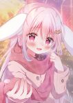  1girl :3 animal_ears blurry blurry_background blush bow coat hair_bow hair_ornament hairclip hanasaki_chiyu hanasakichu heart heart_hair_ornament highres holding holding_clothes holding_scarf long_hair long_sleeves looking_at_viewer open_mouth original outdoors pink_eyes plaid plaid_scarf pov rabbit_ears rabbit_girl scarf smile snowing solo sunset upper_body 
